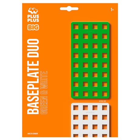Plus-Plus BIG Baseplate Duo in green and white. Large building plates for toddler construction toys on orange packaging.