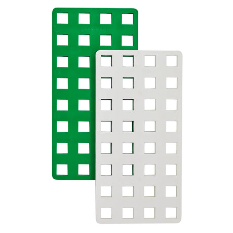 Plus-Plus BIG baseplates in green and white. Two rectangular building plates with square grids for construction toy sets.