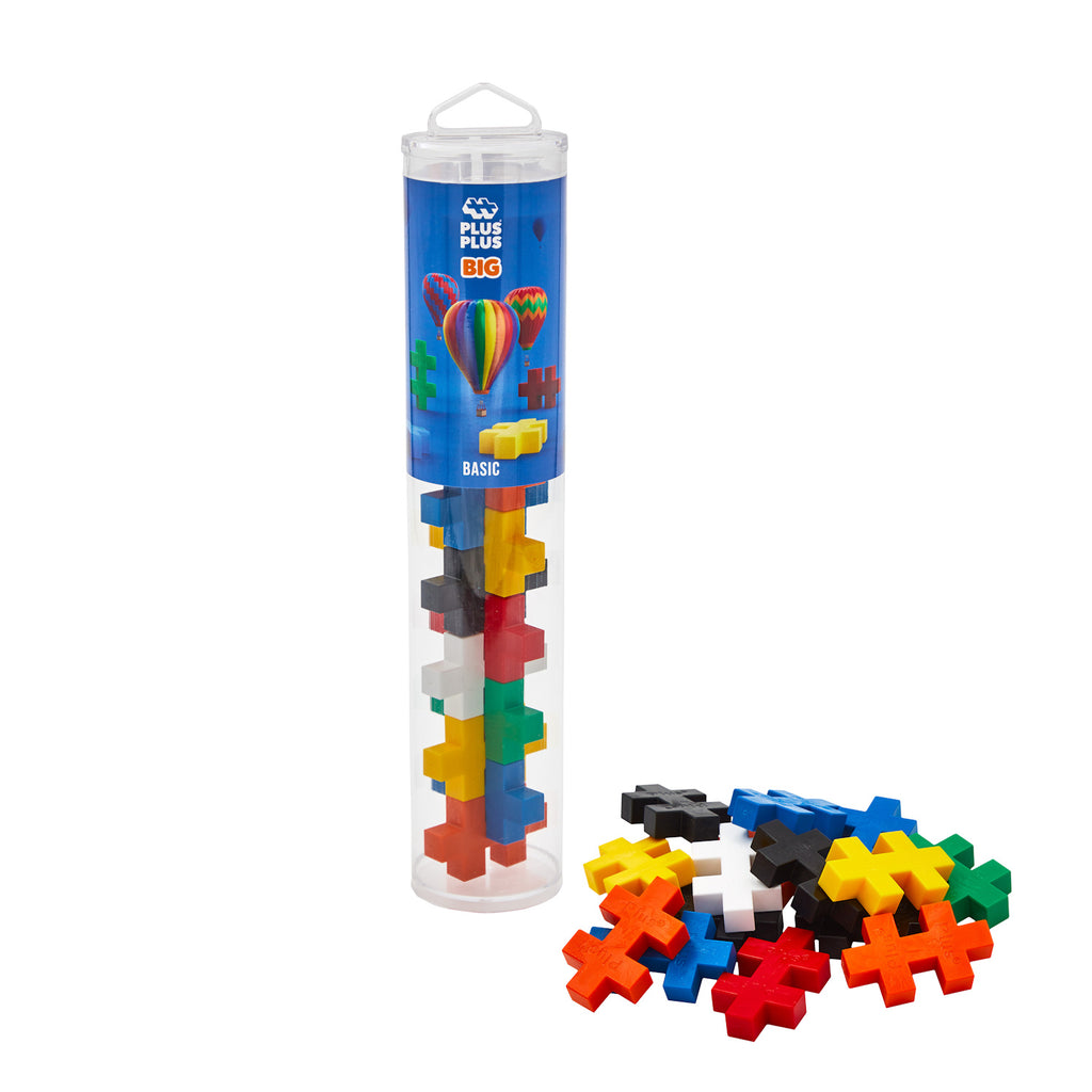 Transparent tube of colorful, interlocking plus-shaped blocks with a scattered pile beside it. The packaging features a hot air balloon design.