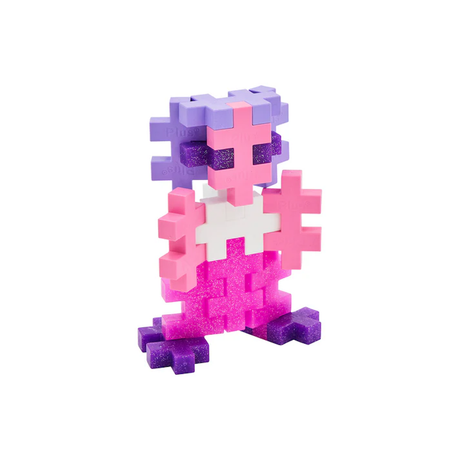 A colorful 3D figure made of interlocking Plus-Plus blocks, featuring a cute penguin with pink, purple, and glittery parts, conveying a playful tone.