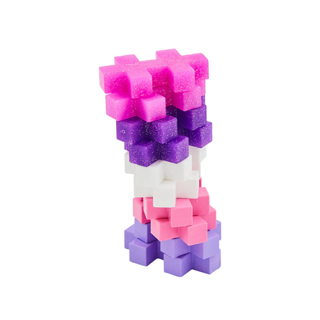 Colorful interlocking toy blocks stacked in a playful tower, featuring shades of pink, purple, and white, creating a whimsical and fun structure.