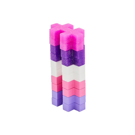 Two stacks of colorful, X-shaped blocks arranged vertically. Each stack has layers in pink, purple, white, and light red, creating a vibrant, playful aesthetic.