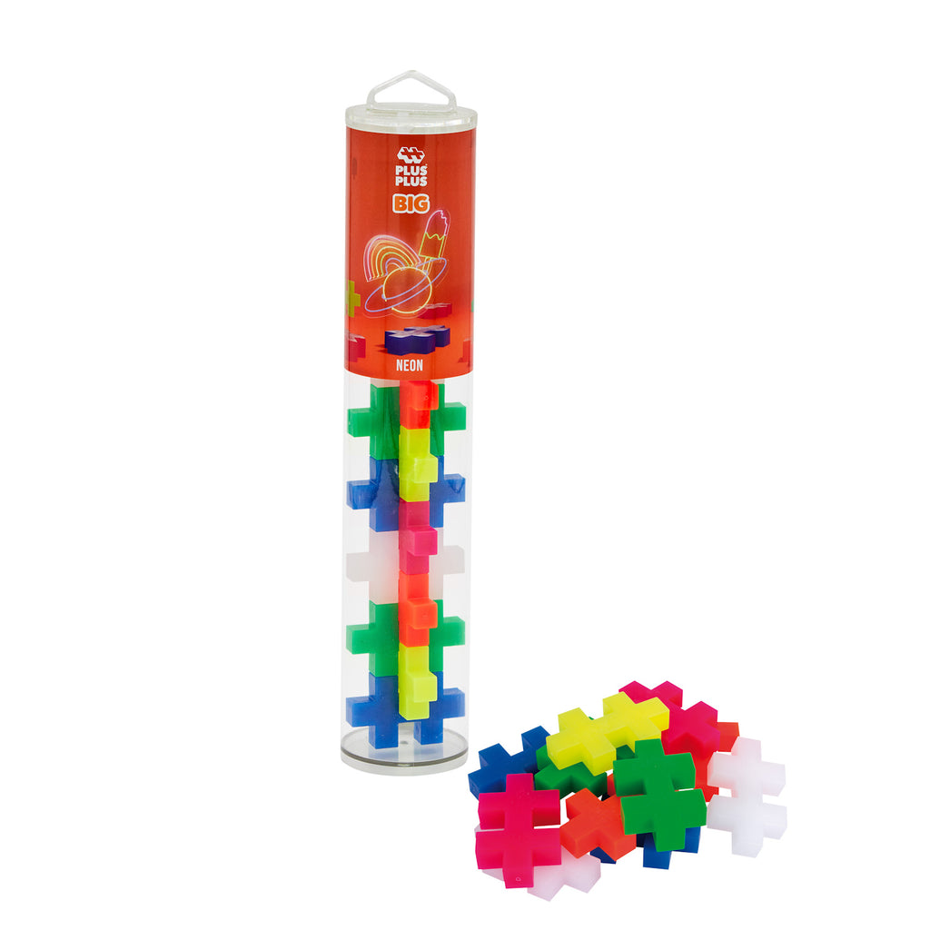 Clear plastic tube with colorful, plus-shaped blocks in neon colors. Blocks are outside as well, showcasing vibrant hues. Playful and creative tone.