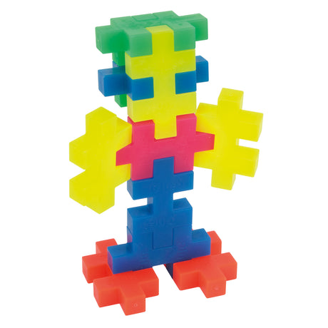 Colorful toy figure constructed from neon Plus-Plus BIG interlocking blocks on white background.