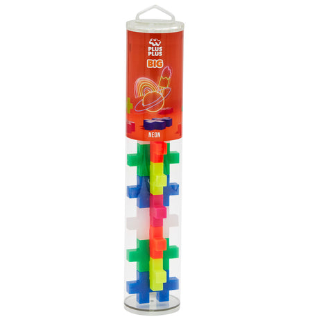 Clear storage tube filled with colorful Plus-Plus BIG neon building pieces.