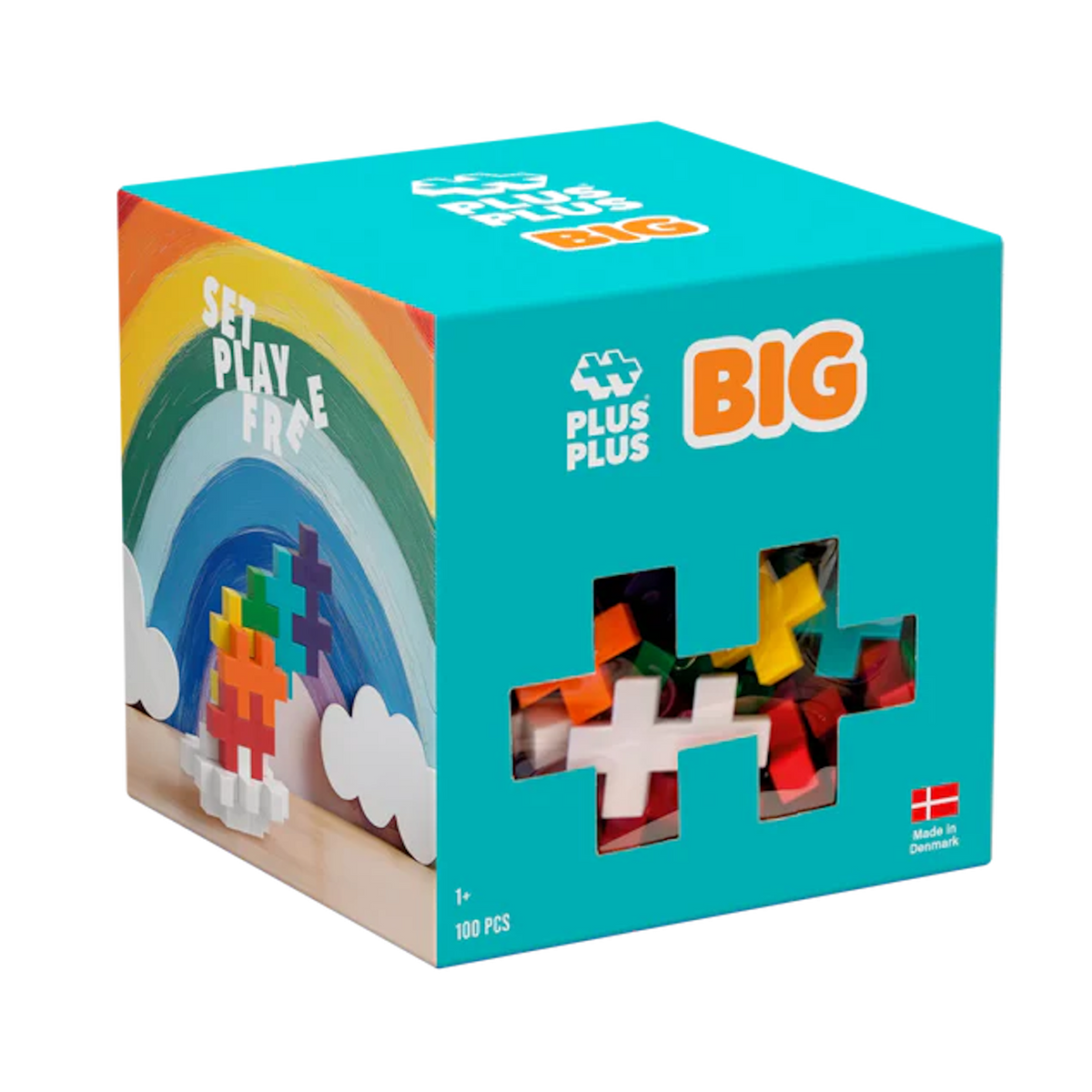 Toy box with colorful interlocking pieces, featuring a rainbow design and text "Set Play Free." The box is turquoise, labeled "Plus Plus Big."
