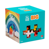 Toy box with colorful interlocking pieces, featuring a rainbow design and text "Set Play Free." The box is turquoise, labeled "Plus Plus Big."