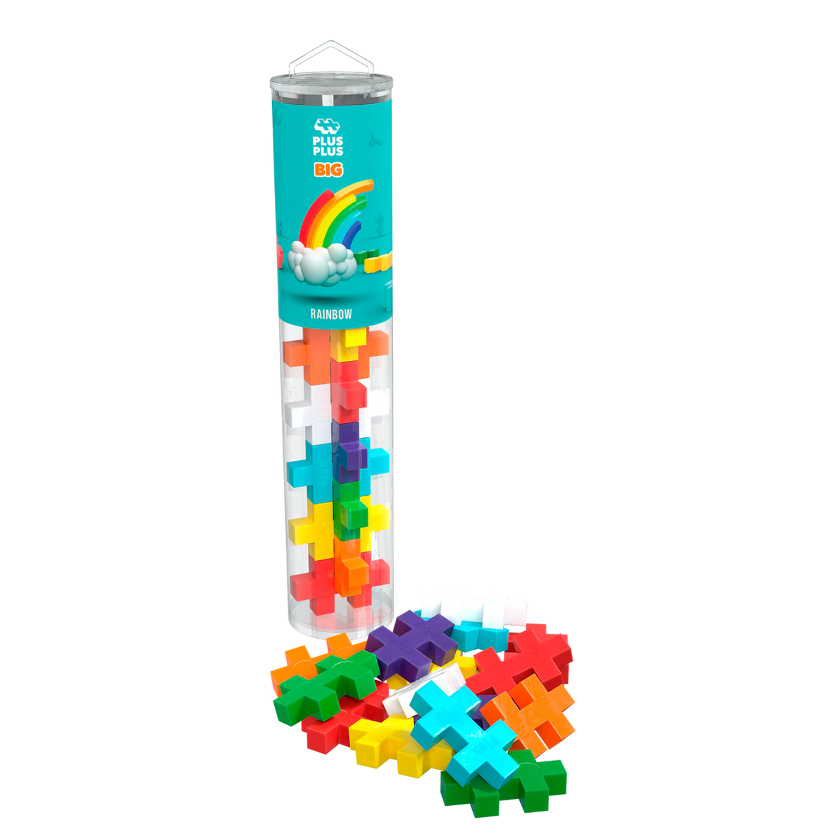 A clear tube labeled “Plus Plus Big Rainbow” holds colorful, cross-shaped pieces. Pieces spill out at the base, forming a vibrant, playful display.