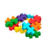 A pile of colorful, Tetris-like blocks in various shapes and bright colors, including red, blue, green, and yellow, on a white background.