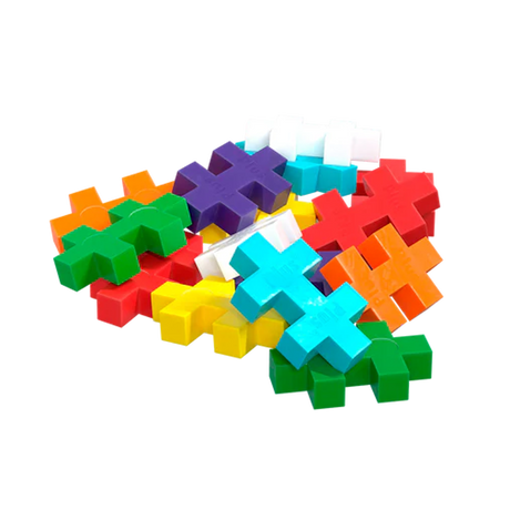 A pile of colorful, Tetris-like blocks in various shapes and bright colors, including red, blue, green, and yellow, on a white background.