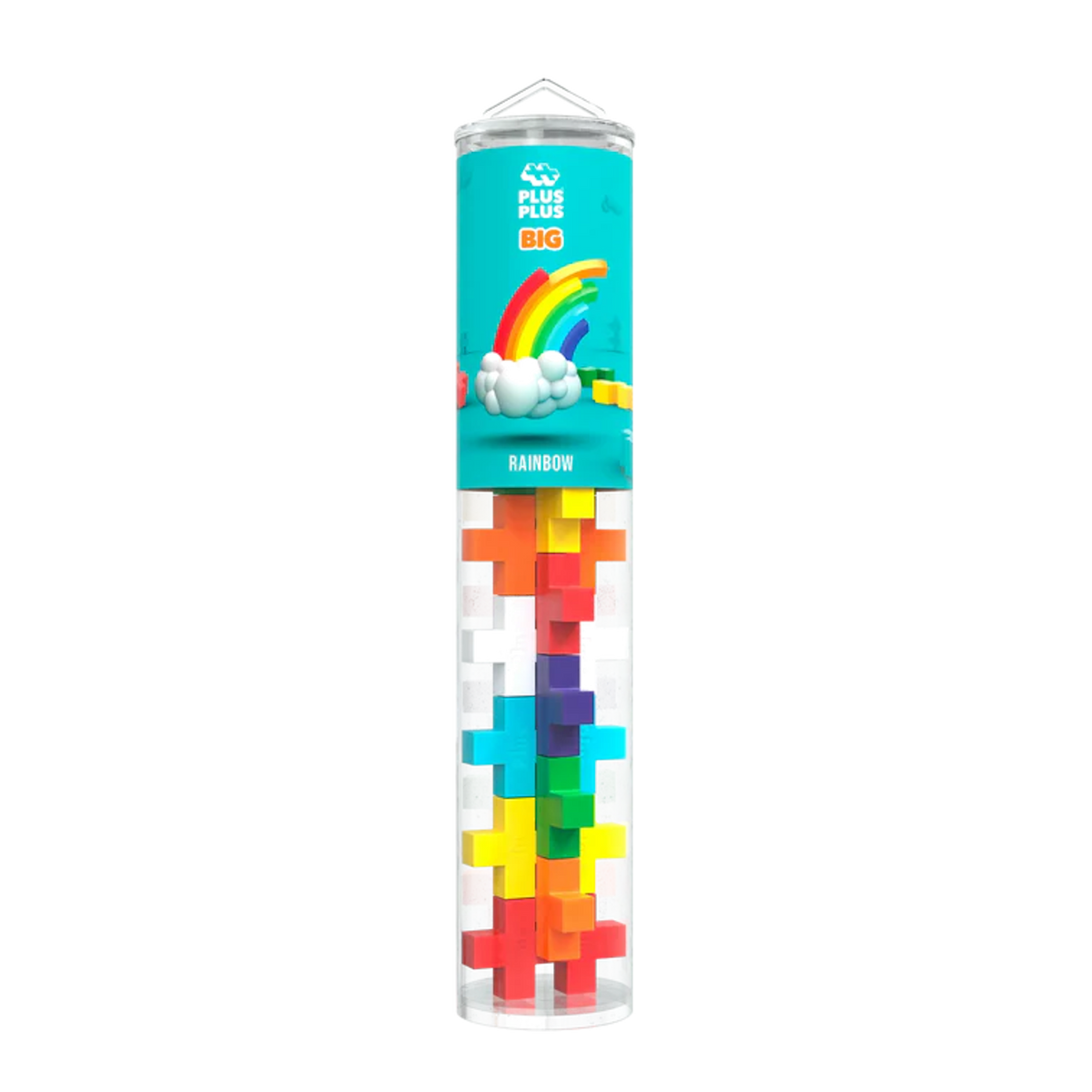 A transparent tube containing colorful, interlocking plus-shaped blocks is labeled "Plus Plus Big" with a cartoon cloud and rainbow on the packaging above.