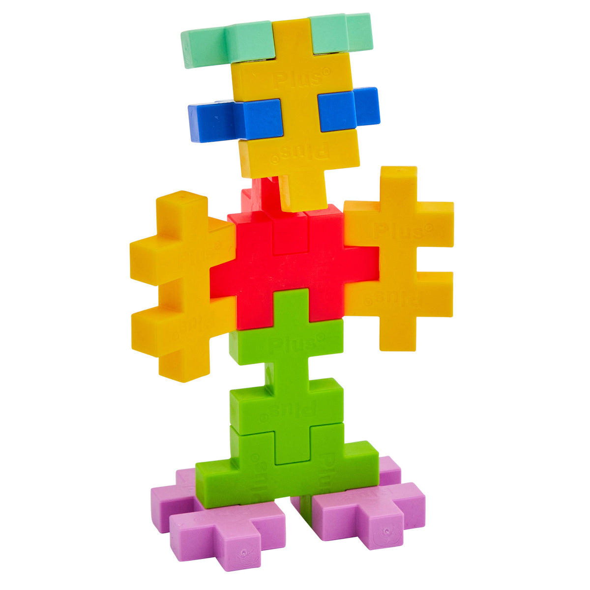 Toy figure constructed from colorful Plus-Plus BIG tropical interlocking blocks on white.
