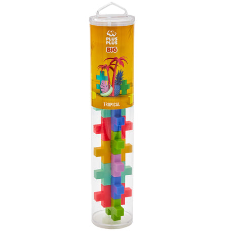 Clear storage tube containing Plus-Plus BIG tropical building pieces on a white background.