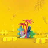 3D illustration of tropical palm trees and fruit surrounded by Plus-Plus BIG building blocks on yellow.
