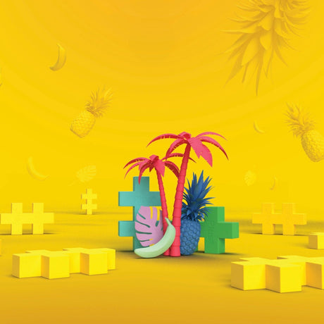 3D illustration of tropical palm trees and fruit surrounded by Plus-Plus BIG building blocks on yellow.