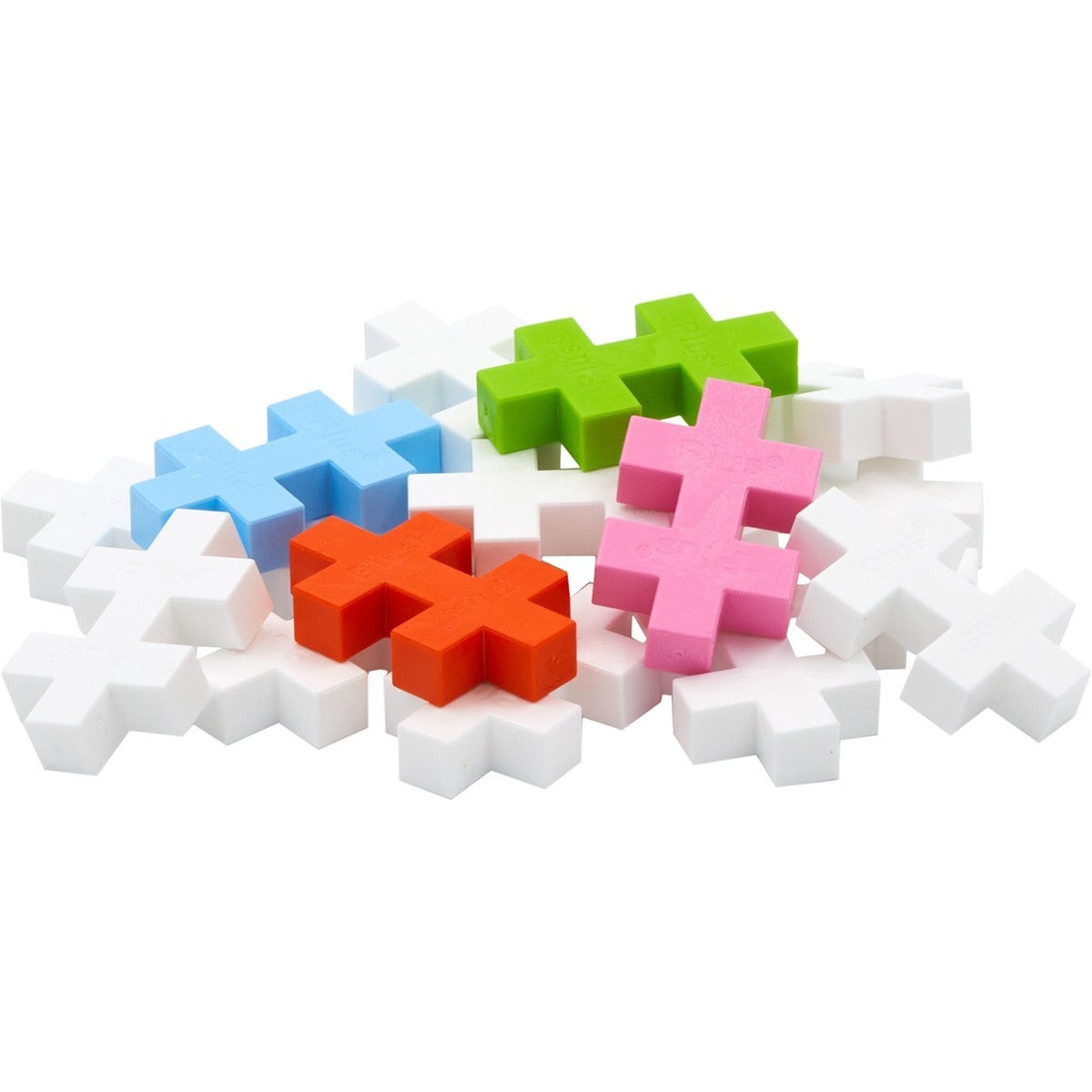 Colorful pile of Plus-Plus BIG building blocks in white, lime green, light blue, orange, and pink on a white background.