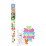 A clear tube filled with pastel puzzle pieces labeled "Bunny." Next to it, a white 3D bunny model and colorful egg shape create a playful vibe.