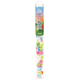 Transparent tube containing colorful Plus-Plus building pieces with a bunny design label at the top. Pieces are pink, blue, green, and white.