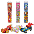 Three Plus-Plus GO! tubes: Fire Car, Candy Car, and Hero Car. Each displays a colorful toy car built with interlocking pieces, conveying creativity.