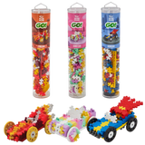 Three Plus-Plus GO! tubes: Fire Car, Candy Car, and Hero Car. Each displays a colorful toy car built with interlocking pieces, conveying creativity.