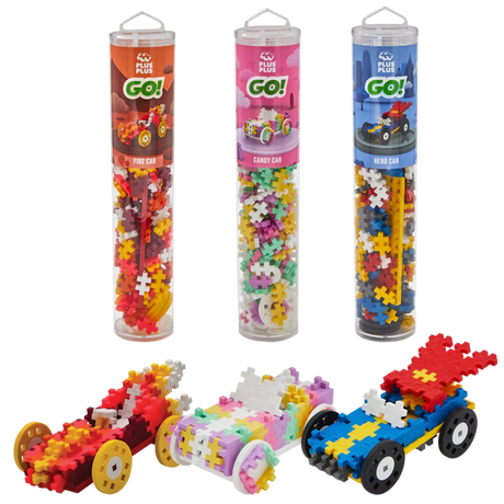 Three Plus-Plus GO! tubes: Fire Car, Candy Car, and Hero Car. Each displays a colorful toy car built with interlocking pieces, conveying creativity.