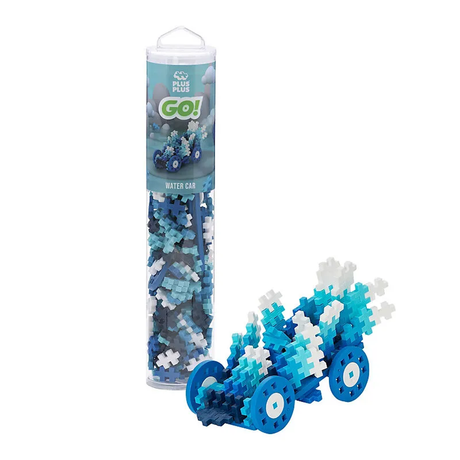 Toy building set in tube labeled "Plus Plus Go! Water Car." Assembled blue and white pixelated car with wheels beside the tube, conveying creativity.