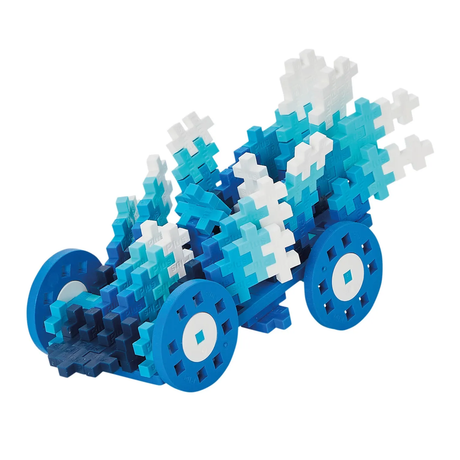 Toy vehicle made of interlocking plastic pieces in shades of blue and white. The vehicle has four wheels, creating a playful and creative vibe.