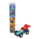 A tube labeled "Plus-Plus Go!" contains multicolored interlocking pieces. Beside it, a vibrant toy car with red wings is assembled from the pieces.