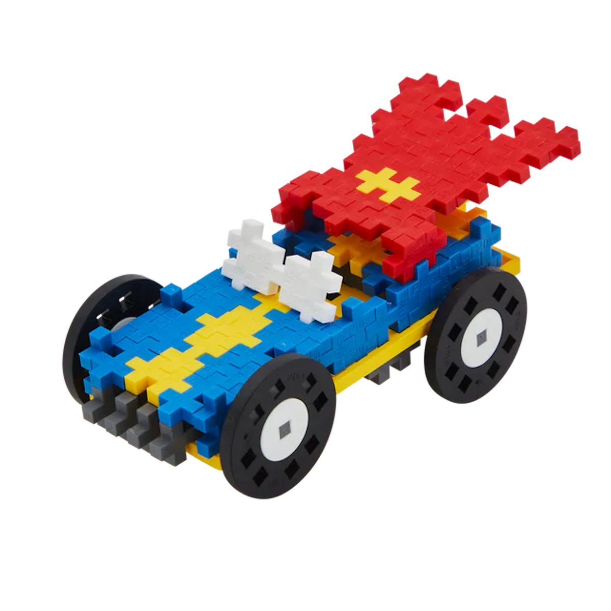 A colorful toy car made from interlocking plastic blocks on a white background. It features a blue body, yellow accents, and red flame elements on top.