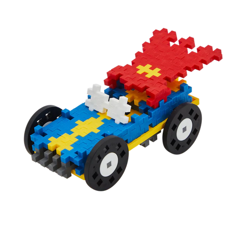 A colorful toy car made from interlocking plastic blocks on a white background. It features a blue body, yellow accents, and red flame elements on top.