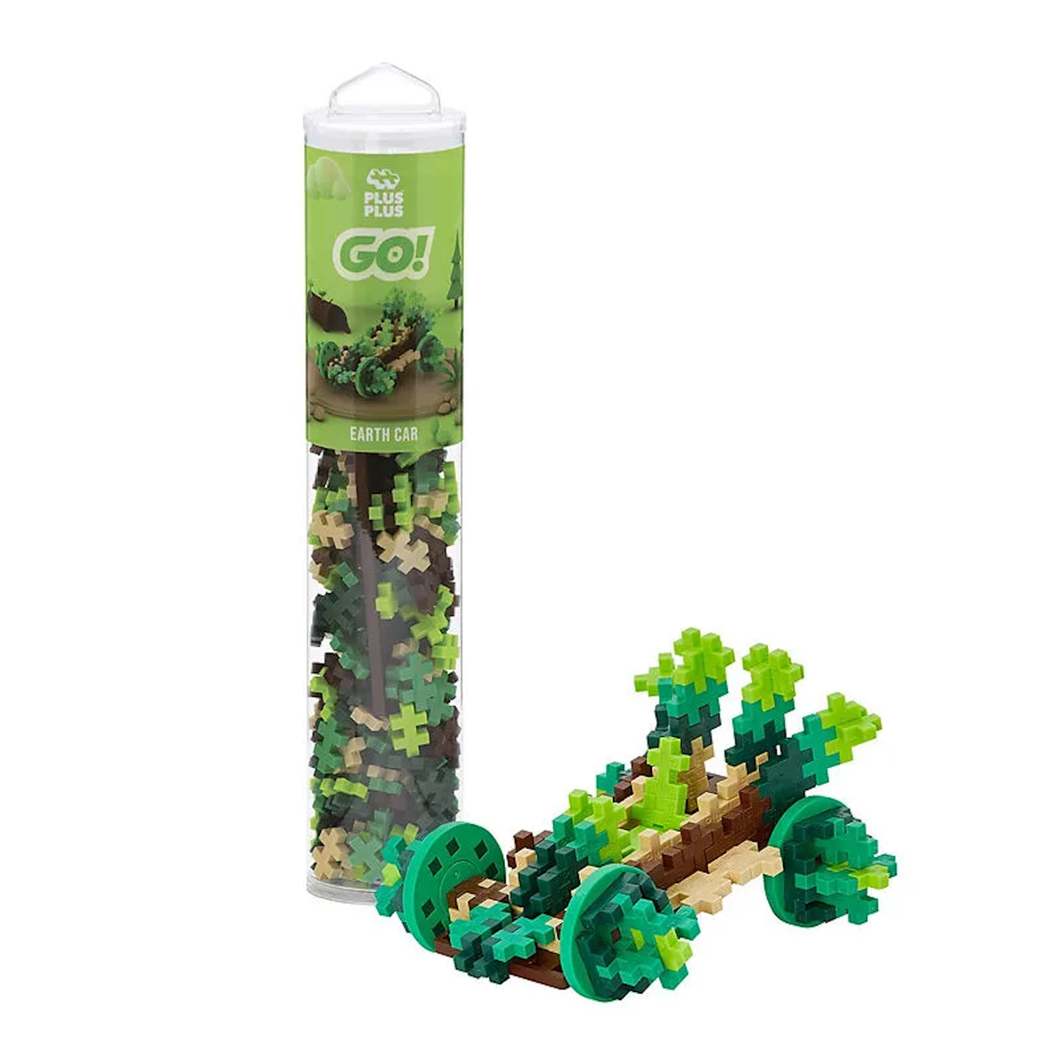 Toy kit featuring an assembled Earth Car made of interlocking pieces in green, brown, and beige. A labeled tube shows unused pieces. Playful and creative.