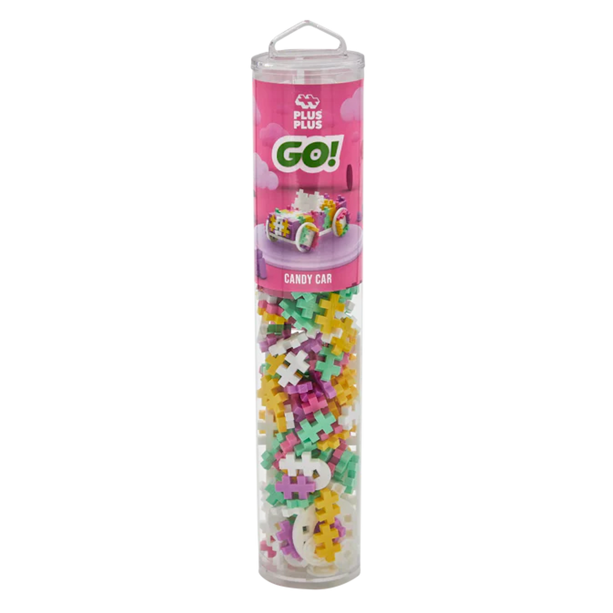 Clear cylindrical container with Plus-Plus building blocks in pastel colors; label shows a car design and reads "Candy Car" with playful graphics.