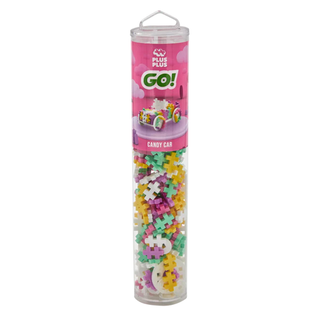 Clear cylindrical container with Plus-Plus building blocks in pastel colors; label shows a car design and reads "Candy Car" with playful graphics.