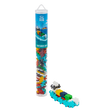 A Plus-Plus container ship toy set in a tall, clear tube showing colorful interlocking pieces. Assembled mini ship beside it. White background.