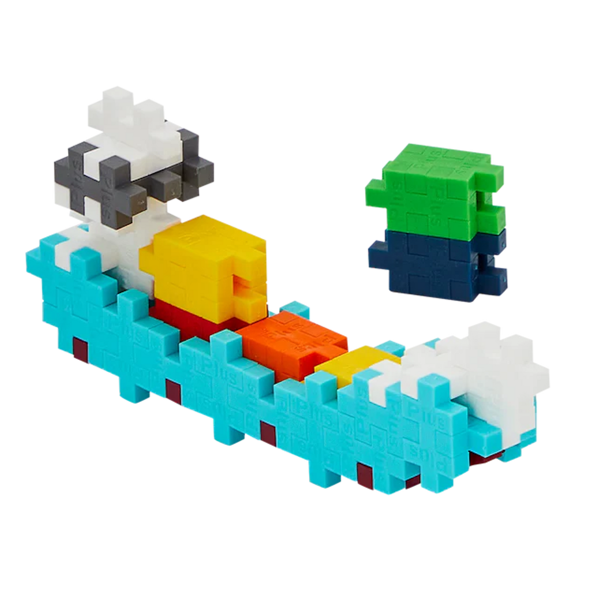 Colorful interlocking blocks form a toy boat with a detached stack nearby. The main colors are blue, yellow, and orange, set against a white background.