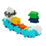 Colorful interlocking blocks form a toy boat with a detached stack nearby. The main colors are blue, yellow, and orange, set against a white background.
