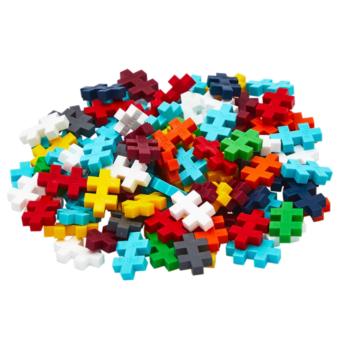 A pile of colorful interlocking plastic puzzle pieces in various shapes, including plus signs, scattered randomly on a white background.