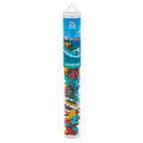 Tall, clear tube with colorful interlocking building pieces inside. Label features a container ship illustration.