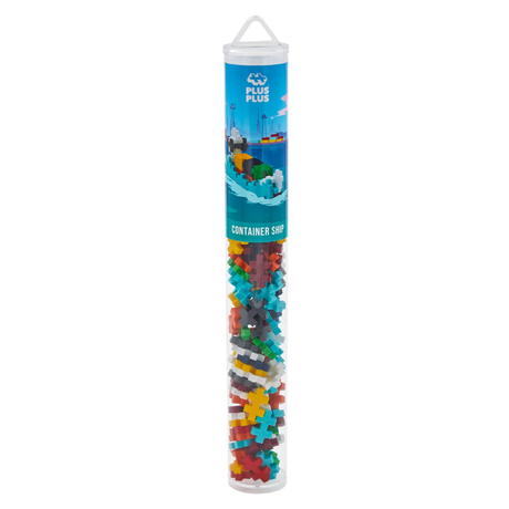 Tall, clear tube with colorful interlocking building pieces inside. Label features a container ship illustration.