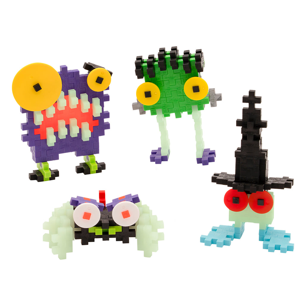 Colorful, quirky alien-like creatures made from snap-together building blocks. Each has unique features like big eyes, odd shapes, and bright colors. Playful and imaginative.