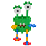 Colorful toy creature made of interlocking blocks with a green body, two large eyes, and multicolored limbs, conveying a playful, whimsical vibe.
