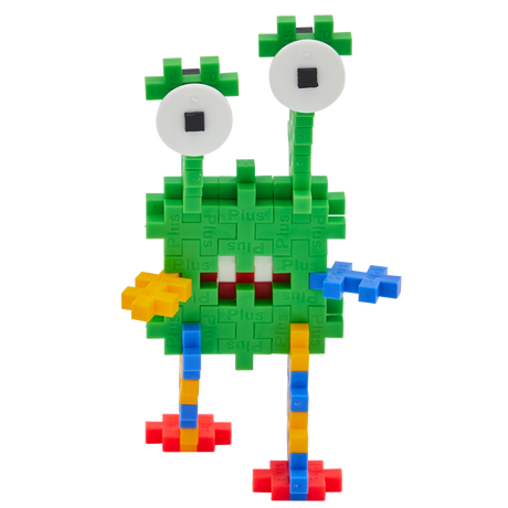 Colorful toy creature made of interlocking blocks with a green body, two large eyes, and multicolored limbs, conveying a playful, whimsical vibe.