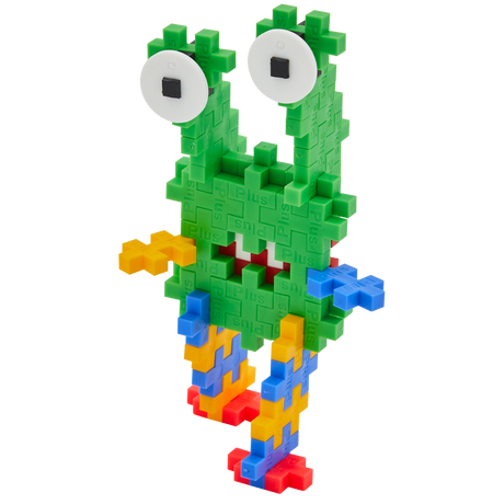Colorful toy creature made of interlocking blocks with a green body, two large eyes, and multicolored limbs, conveying a playful, whimsical vibe.