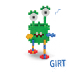 Colorful toy creature made of interlocking blocks with a green body, two large eyes, and multicolored limbs, conveying a playful, whimsical vibe.