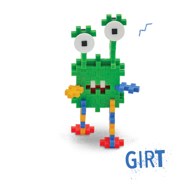 Colorful toy creature made of interlocking blocks with a green body, two large eyes, and multicolored limbs, conveying a playful, whimsical vibe.