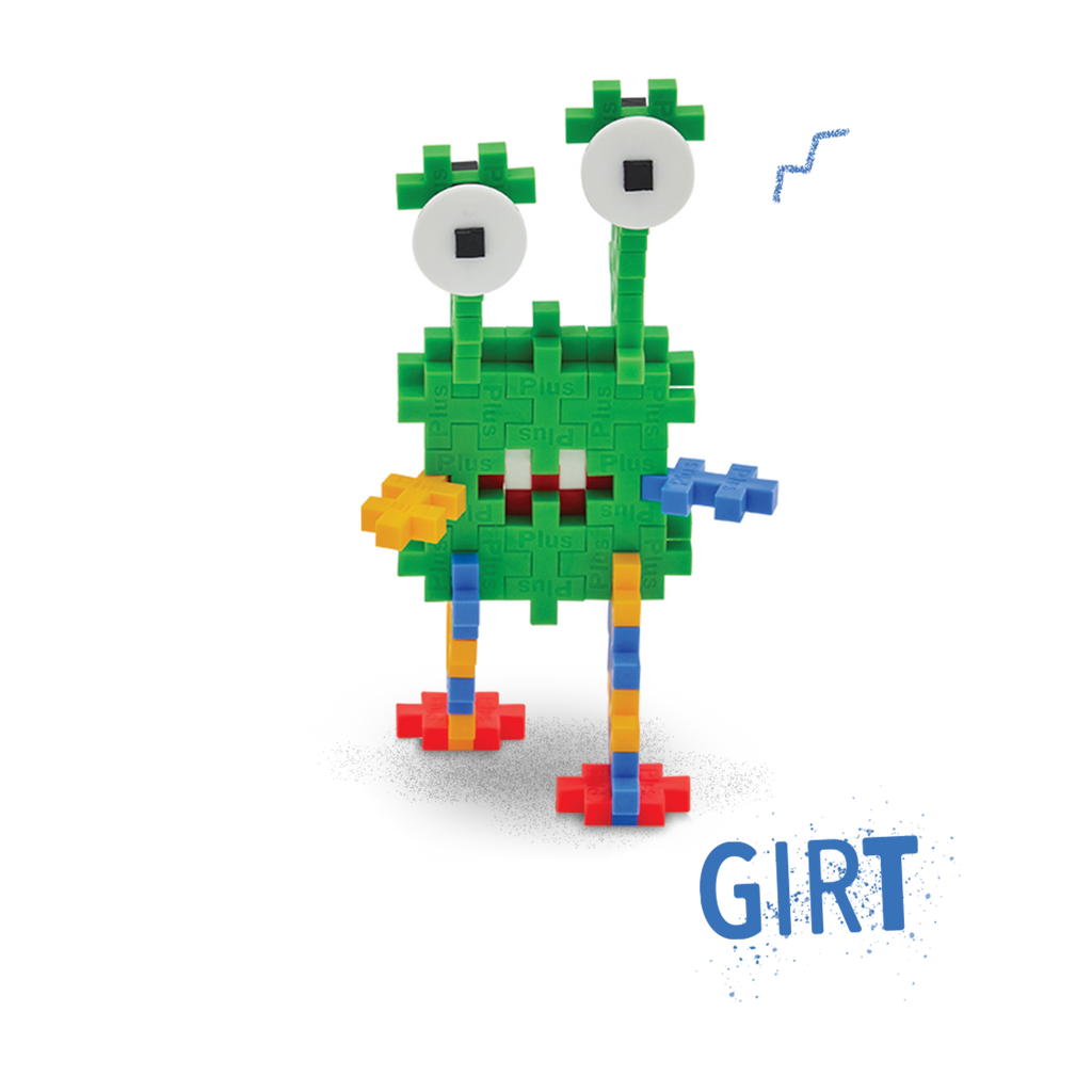 Colorful toy creature made of interlocking blocks with a green body, two large eyes, and multicolored limbs, conveying a playful, whimsical vibe.