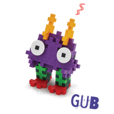A colorful, blocky toy creature made of interlocking pieces on a white background. It has purple body, large white eyes, orange spikes, green legs, and red feet.