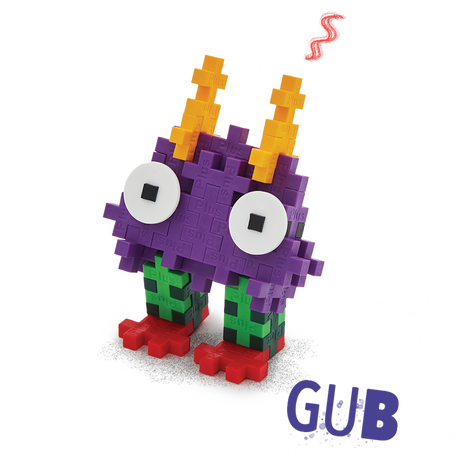 A colorful, blocky toy creature made of interlocking pieces on a white background. It has purple body, large white eyes, orange spikes, green legs, and red feet.