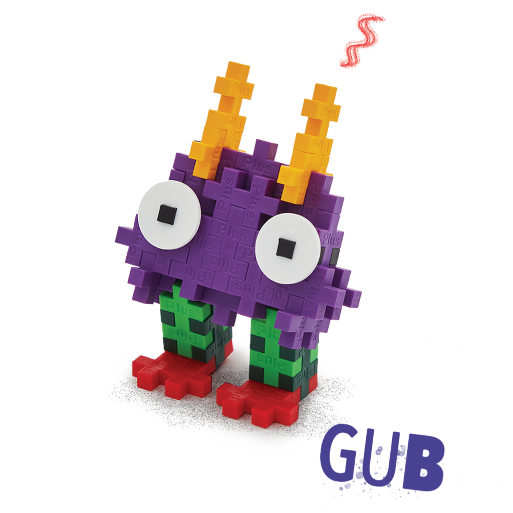 A colorful, blocky toy creature made of interlocking pieces on a white background. It has purple body, large white eyes, orange spikes, green legs, and red feet.