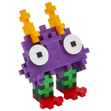 A colorful, blocky toy creature made of interlocking pieces on a white background. It has purple body, large white eyes, orange spikes, green legs, and red feet.